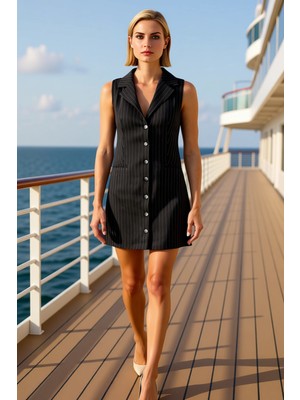 Benerly Kadın Ceket Yaka Kolsuz Mini Dokuma Elbise Çizgili Kalıp Estetik