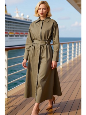 Benerly Kadın Gömlek Yaka Yarasa Kol Uzun Kollu Midi Elbise Düz Desen Fonksiyonel Rahat %100 Pamuk