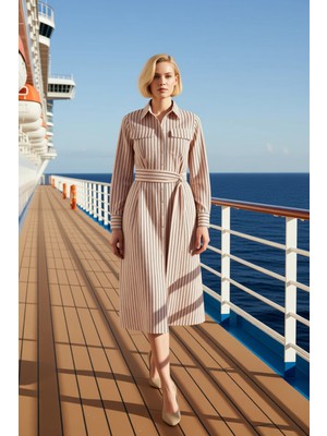 Benerly Kadın Gömlek Yaka Düşük Kol Uzun Kol Midi Elbise Fonksiyonel Dayanıklı Kaliteli %100 Pamuk