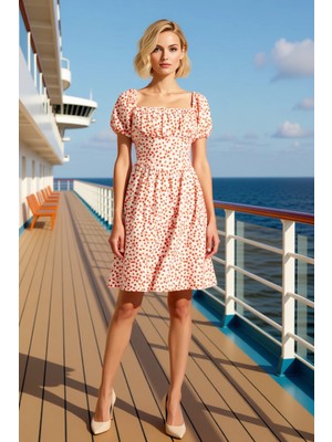 Benerly Kadın Kare Yaka Kısa Kollu Skater Kalıp Mini Dokuma Elbise Çiçekli Desenli Şık