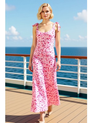 Benerly Kadın Havuz Yaka Kolsuz Skater Kalıp Maxi Elbise Bağlama Detaylı Soyut Baskılı