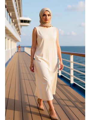 Benerly Kadın Bisiklet Yaka Kolsuz Maxi Elbise Shift Kalıp Fonksiyonel Dayanıklı Modern %100 Pamuk