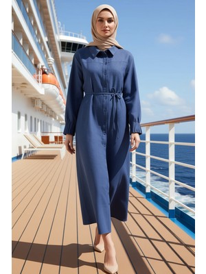 Benerly Kadın Yaka Standart Kol Düz Desen Gömlek Elbise Maxi Kalıp Görünümlü