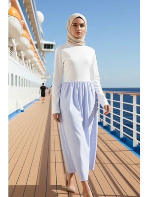 Benerly Kadın Bisiklet Yaka Takma Kol A Line Kalıp Maxi Boy Çizgili Süprem Örme Elbise Fonksiyonel