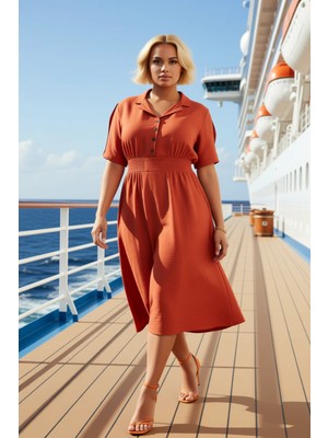 Benerly Kadın Büyük Beden Gömlek Yaka Kısa Kol Midi Dokuma Elbise Aerobin Kumaş A Line Kalıp Rahat