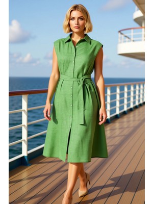 Benerly Kadın Büyük Beden Gömlek Yaka Standart Kol Düz Desen Dokuma Görünümlü Elbise Estetik