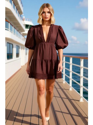 Benerly Kadın V Yaka Truvakar Kol Balon Kol Skater Kalıp Mini Elbise Fonksiyonel Modern %100 Pamuk