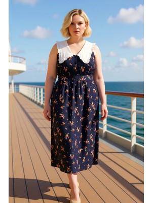 Benerly Kadın Büyük Beden Bebe Yaka Kolsuz Midi Poplin Çiçekli Elbise Fonksiyonel Rahat %100 Pamuk