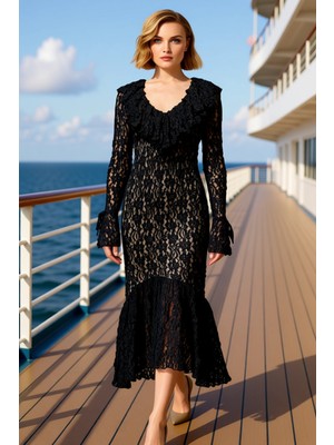 Benerly Kadın V Yaka Uzun Kol Ispanyol Kol Balık Kalıp Dantel Midi Elbise Fonksiyonel Dayanıklı Şık