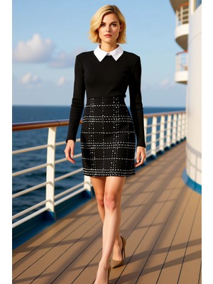 Benerly Kadın Gömlek Yaka Uzun Kol Bodycon Kalıp Ekose Desenli Tüvit Dokuma Elbise Fonksiyonel Şık