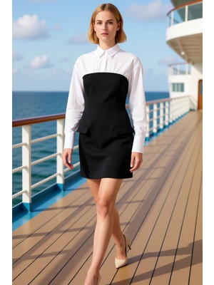 Benerly Kadın Gömlek Yaka Düşük Kol Bodycone Kalıp Mini Dokuma Elbise Şık