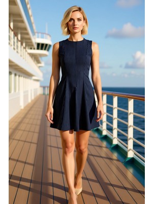 Benerly Kadın Bisiklet Yaka Kolsuz Skater Kalıp Mini Elbise Poliviskon Dokuma Çizgili Fonksiyonel Şık