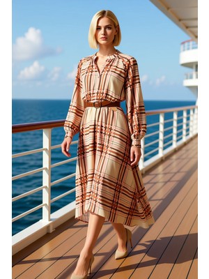 Benerly Kadın V Yaka Reglan Kol Uzun Kollu Skater Kalıp Astarlı Midi Dokuma Elbise Fonksiyonel Şık