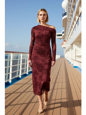 Benerly Kadın Asimetrik Yaka Uzun Kol Ispanyol Kol Şal Desenli Tül Midi Elbise Fonksiyonel Estetik