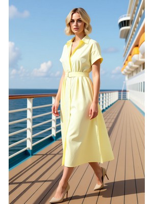 Benerly Kadın Poplin Gömlek Elbise Midi Boy Düşük Kol Gömlek Yaka Kemerli Fonksiyonel Dayanıklı Şık