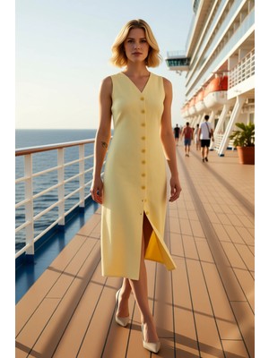 Benerly Kadın V Yaka Kolsuz Düz Desen Midi Gömlek Elbise Fonksiyonel Dayanıklı