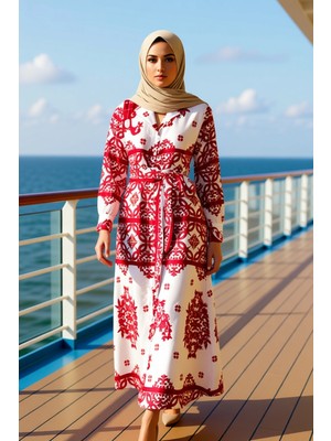 Benerly Kadın Gömlek Yaka Düşük Kol Saten Çini Desenli Maxi Elbise Fonksiyonel Spor