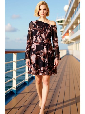 Benerly Kadın Büyük Beden Bisiklet Yaka Standart Kol Tül Örme Elbise Çiçekli Desenli Fonksiyonel Şık