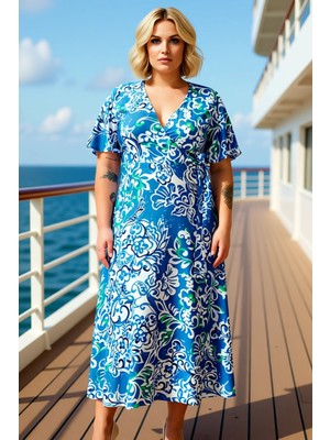 Benerly Kadın V Yaka Kısa Kol A Kesim Maxi Elbise Çiçekli Desenli Dokuma Fonksiyonel Şık