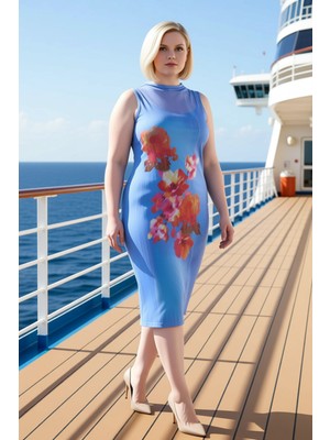 Benerly Kadın Büyük Beden Bisiklet Yaka Kolsuz Çiçek Baskılı Midi Elbise Fonksiyonel Dayanıklı Şık