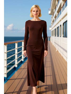 Benerly Kadın Kayık Yaka Uzun Kol Balık Kalıp Düz Desenli Örme Maxi Elbise Fonksiyonel Dayanıklı Şık