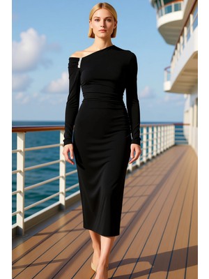 Benerly Kadın Asimetrik Yaka Uzun Kol Düz Desenli Bodycon Kalıp Örme Elbise Fonksiyonel Dayanıklı Şık