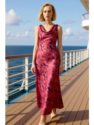 Benerly Kadın Degaje Yaka Kolsuz A Kesim Saten Maxi Elbise Dokuma Kumaş Fonksiyonel