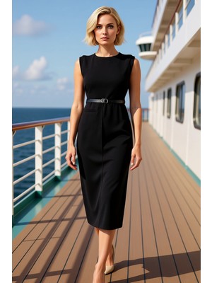 Benerly Kadın Bisiklet Yaka Kolsuz Bodycon Kalıp Düz Desen Dokuma Midi Elbise Fonksiyonel Kaliteli