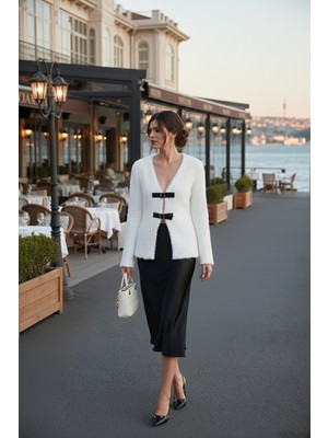 Lela Premium Regular Fit V Yaka Çift Kemerli Peluş Hırka Bayan Hırka 680HI00112