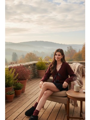 Lela Premium Regular Fit V Yaka Fiyonk Bağlama Detaylı Örgü Desenli Triko Hırka Bayan Hırka 680KZ1947