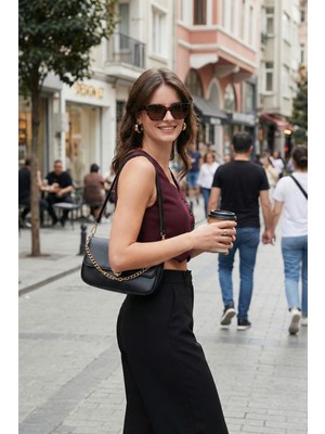 Lela Slim Fit Kalp Yaka Düğmeli Kalın Askılı Crop Yelek Bayan Yelek 5865497