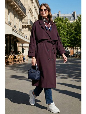 Lela Oversize Fit Kruvaze Yaka Düğmeli Kemerli Uzun Trençkot Bayan Trençkot 6839476