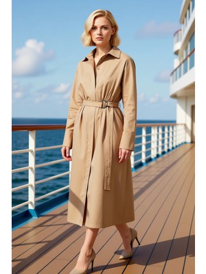 Benerly Kadın Gömlek Yaka Yarasa Kol Uzun Kollu Midi Elbise Düz Desen Fonksiyonel Rahat %100 Pamuk