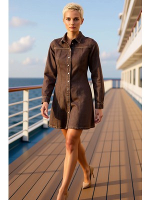 Benerly Kadın Gömlek Yaka Uzun Kol A Line Kalıp Mini Elbise Fonksiyonel Dayanıklı Rahat %100 Pamuk