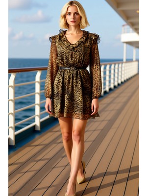 Benerly Kadın V Yaka Uzun Kol Balon Kol Skater Kalıp Dokuma Mini Elbise Animal Desenli Fonksiyonel