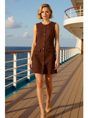 Benerly Kadın Bisiklet Yaka Kolsuz Düz Dokuma Gömlek Elbise Kalıp Fonksiyonel Şık