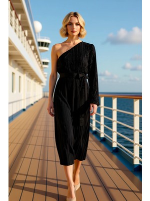 Benerly Kadın Asimetrik Yaka Tek Kol Uzun Kollu A Line Midi Elbise Fonksiyonel Spor