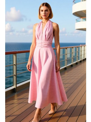 Benerly Kadın V Yaka Kolsuz Skater Kalıp Maxi Elbise Dokuma Kumaş Kaliteli