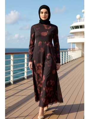 Benerly Kadın Dik Yaka Standart Kol Bodycon Kalıp Batik Desenli Maxi Elbise Fonksiyonel Dayanıklı Şık