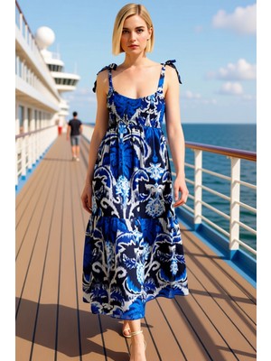 Benerly Kadın Şal Desen V Yaka Ince Askılı Skater Kalıp Maxi Dokuma Elbise Fonksiyonel Dayanıklı Şık