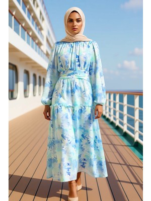 Benerly Kadın Dik Yaka Balon Kol Uzun Kol Maxi Boy Şifon Elbise Fonksiyonel Dayanıklı Kaliteli Şık