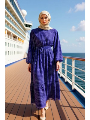 Benerly Kadın Dik Yaka Puantiye Desenli Şifon Maxi Elbise Uzun Kollu Skater Kalıp Şık