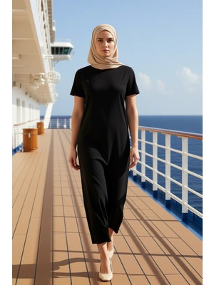 Benerly Kadın Bisiklet Yaka Standart Kol A Line Kalıp Maxi Elbise Fonksiyonel Dayanıklı %100 Pamuk