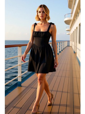 Benerly Kadın Kare Yaka Kalın Askılı Poplin Dokuma Skater Kalıp Elbise Fonksiyonel Dayanıklı Rahat