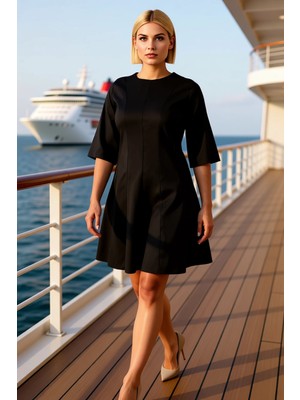 Benerly Kadın Bisiklet Yaka Truvakar Kol A Line Kalıp Mini Dokuma Elbise Büyük Beden Fonksiyonel Şık