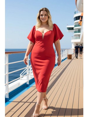 Benerly Kadın Büyük Beden Kalp Yaka Balon Kol Vücuda Oturan Midi Elbise Fonksiyonel Dayanıklı Spor