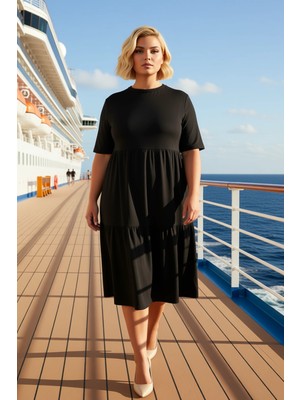 Benerly Kadın Bisiklet Yaka Standart Kol A Line Kalıp Örme Midi Elbise Fonksiyonel Spor %100 Pamuk