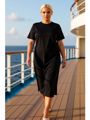 Benerly Kadın Bisiklet Yaka Düşük Kol Kısa Kol Yırtmaçlı Midi Örme Elbise Fonksiyonel Dayanıklı Şık