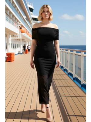 Benerly Kadın Büyük Beden Carmen Yaka Tül Örme Bodycon Kalıp Elbise Fonksiyonel Dayanıklı Kaliteli