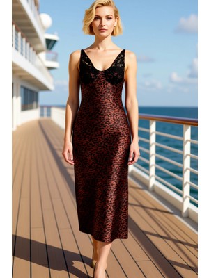 Benerly Kadın V Yaka Kolsuz Animal Desenli Dantel Detaylı Saten Midi Elbise Fonksiyonel Dayanıklı Şık